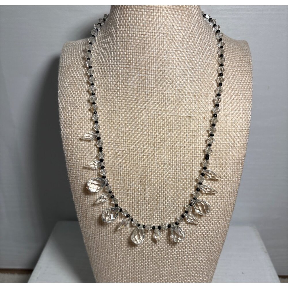 Crystal & Black Bead Necklace With Brass Clasp Vintage 16"